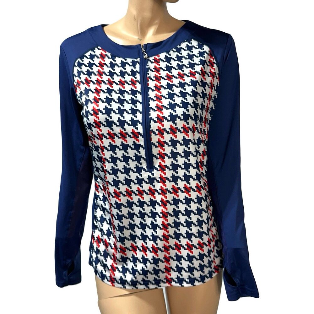 San Soleil Womens Sz L 1/2 Zip Long Sleeve Top UPF 50 Houndstooth Red White Blue